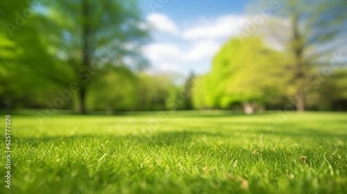 Beautiful blurred background image of spring nature with a neatly trimmed lawn surrounded by trees against a blue sky with clouds on a bright sunny day
