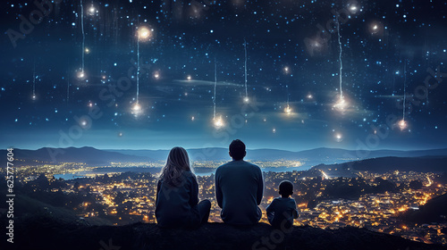 family at cliff with starry sky firework over city lights boom as background,