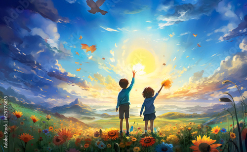 illustration painting of happy moment with kid or child,friendship or family in colorful flower field blooming.background for book cover.generative ai technology