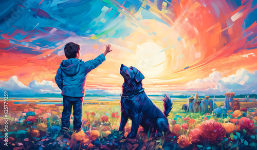 illustration of happy and relationship moment with kid or childen and dog looking the sun in painting style.generative ai art