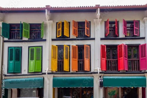 Colourful shutters on shophouses in Telok Ayer,  Singapore photo