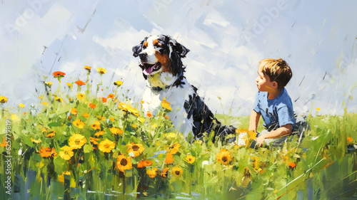 illustration of colorful summer flower field blooming with kid or children and dog in painting style.morning nature in happy relationship moment.generative ai art photo