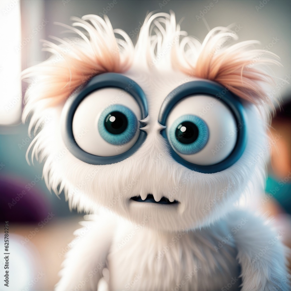 Obraz premium Blue furry monster with two large eyes and a big nose on white background