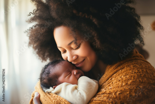  Close-up portrait of a beautiful Afro American mother with her newborn baby.