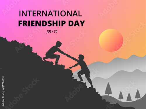 International friendship day background banner poster, Two friends helping each other. Vector illustration design.