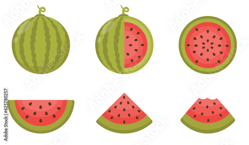Green open watermelon half  slices and triangles. Red watermelon piece with bite. Sliced water melon fruit vector set. Isolated vector set of whole and slice of watermelon. 