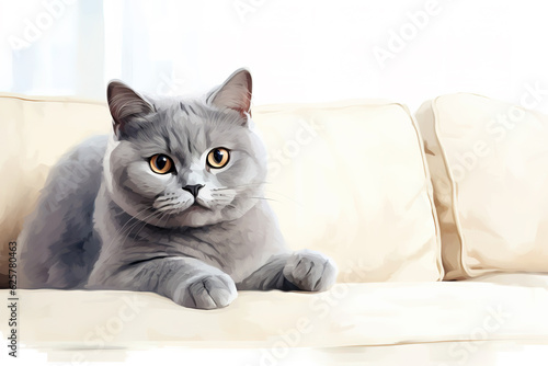 Image of cute british shorthair cat lying on sofa. Pet. animals. Illustration, Generative AI.