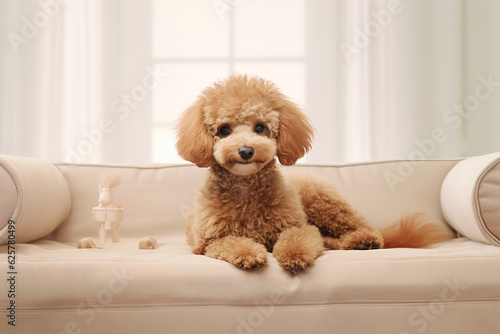 Image of cute poodle dog lying on sofa. Pet. animals. Illustration, Generative AI.