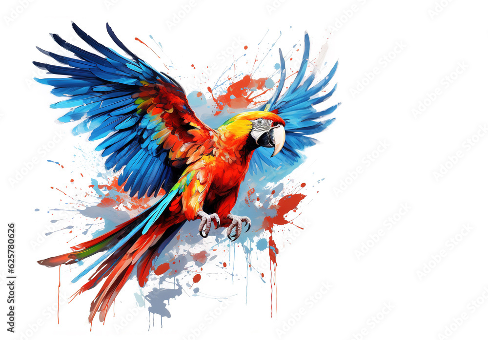 Image of colorful flying macawt painting on white background. Bird. Wildlife Animals. Illustration, Generative AI. Image of colorful flying macawt painting on white background. Bird. Wildlife Animals. Illustration, Generative AI.