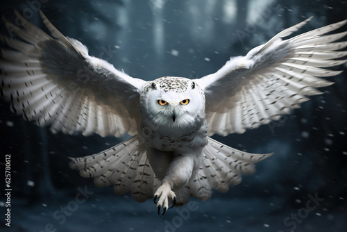 Image of snowy owl flying on clean background. Bird. Wildlife Animals. Illustration, Generative AI. photo