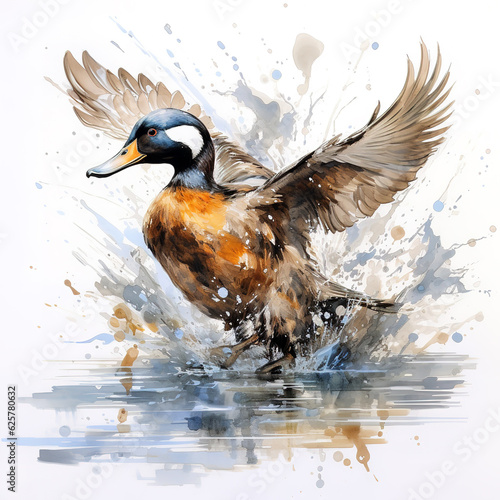 Fotobehang Image of colorful flying duck painting on white background