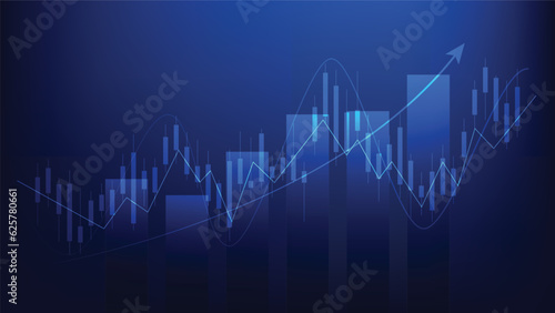 Financial business statistics with bar graph and candlestick chart show stock market price on dark background