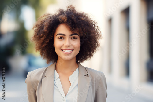 Business, education and people concept - smiling african american businesswoman with afro hairstyle in city