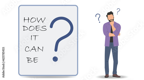 How does it can be and Confused person with What sign, Thinking person with Text Box. Different young women and men surrounded by a question mark. Cartoon vector illustration. Thinking person confused