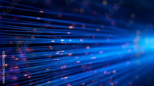 Blue light lines and dots from fiber optic wires on a dark background, computer communications idea background