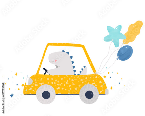 Beautiful vector kids hand drawn stock illustration with very cute little dino driving a yellow car with balloons. Clip art.