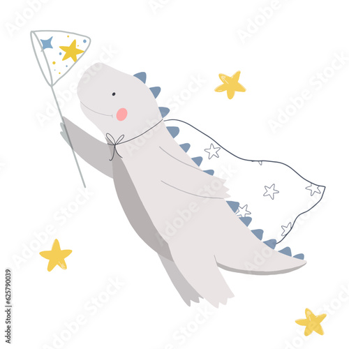 Beautiful vector kids hand drawn stock illustration with very cute little dino catching stars. Clip art.
