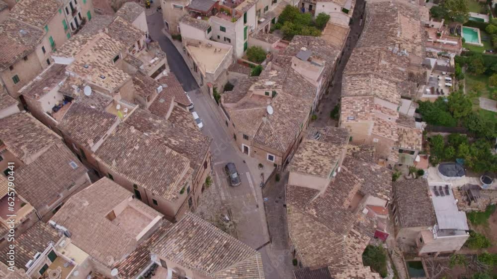 Top down of Fornalutx a scenic mountain village in Mallorca, aerial Top down of Fornalutx a scenic mountain village in Mallorca, aerial