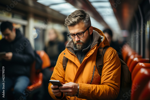 Handsome bearded man in a yellow jacket and glasses is using a mobile phone in the subway.