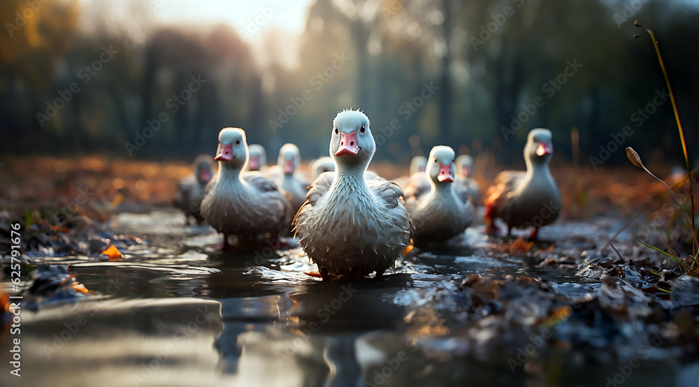 Fototapeta premium A bunch of white geese, generative ai