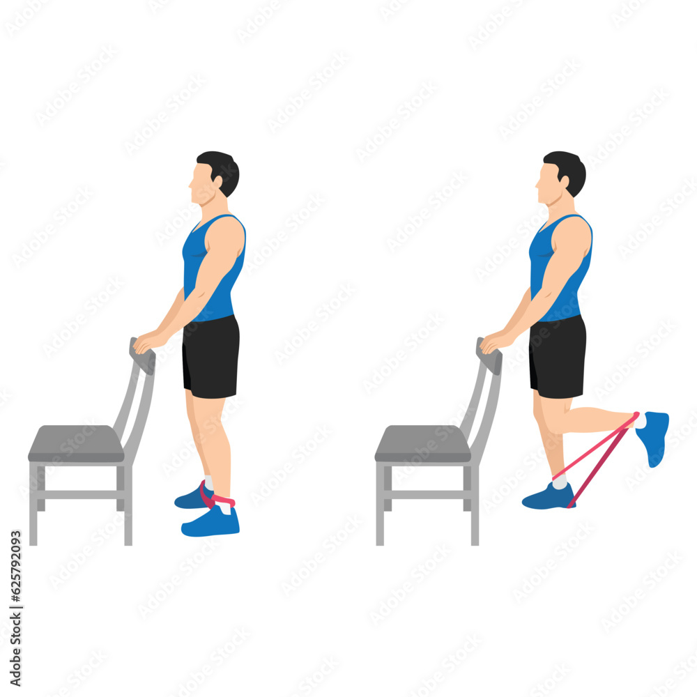 Man doing standing supported resistance band hamstring curls exercise. Flat vector illustration isolated on white background Man doing standing supported resistance band hamstring curls exercise. Flat vector illustration isolated on white background