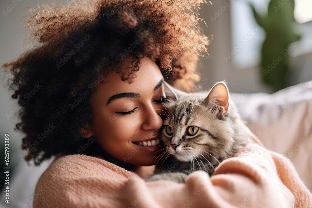 Beautiful young african american woman with fluffy cat at home Beautiful young african american woman with fluffy cat at home