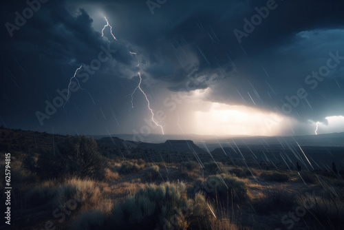 A powerful storm looms over an open field, with lightning illuminating the dark sky, creating a dramatic and moody atmosphere. AI Generative.