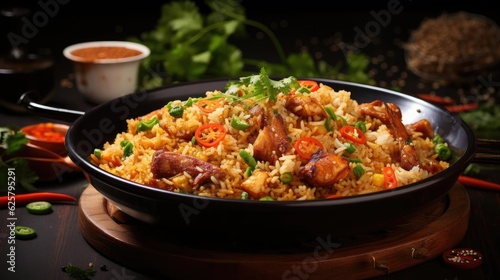 Fried rice with chopped vegetables and meat on a plate with a blurry background