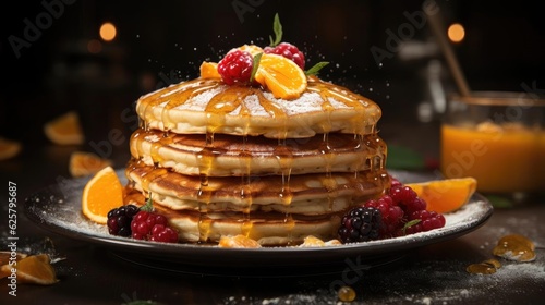 pile of pancakes with melted sweet syrup and fruit toppings with a blurred background © GradPlanet