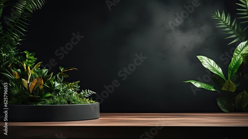 podium for product stand or display with plant background and cinematic light, front view