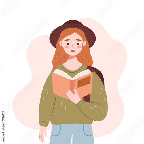 Cute illustration of a student girl with a backpack and a book