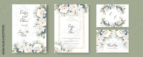 Floral wedding invitation card set template design, watercolor decorated with magnolia liliiflora flowers on white