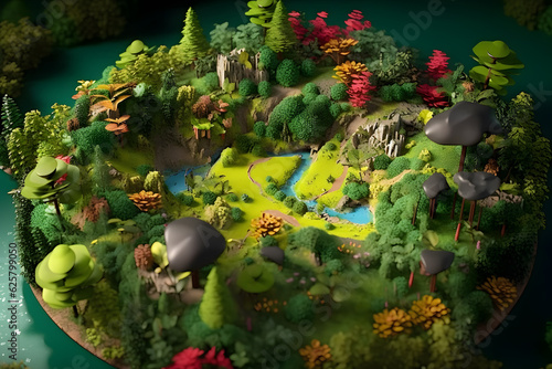 A 3D rendering of a miniature Planet Earth with lush green forests, clean rivers, and diverse wildlife. Forest conservation and biodiversity preservation concept. Generative AI