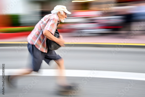 Funny old man running fast on a busy street. Panning image. Generative AI © Mihai Zaharia