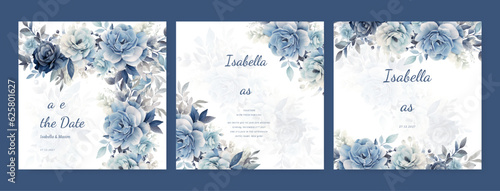 Floral wedding invitation card set template design, watercolor decorated with magnolia liliiflora flowers on white