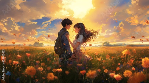 couple in love in the flower field on a sunset. Generative ai