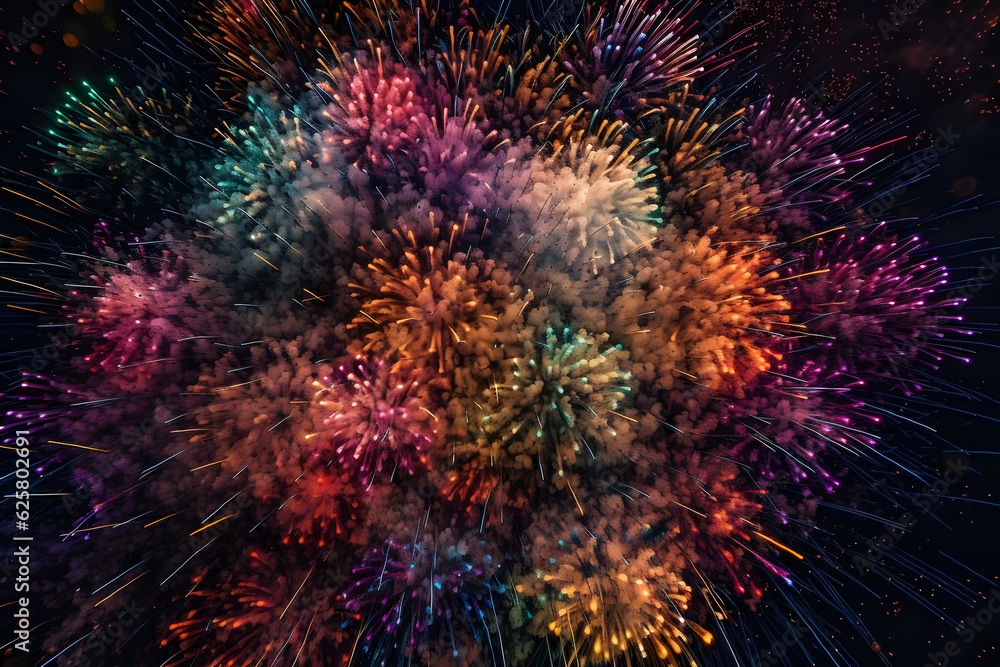 Up-close view of a firework exploding in the night sky, capturing the vibrant colors and intricate patterns. Generative AI Up-close view of a firework exploding in the night sky, capturing the vibrant colors and intricate patterns. Generative AI