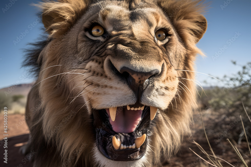 Up-close and dynamic shot of a roaring lion's face, captured with a wide-angle lens. Generative AI