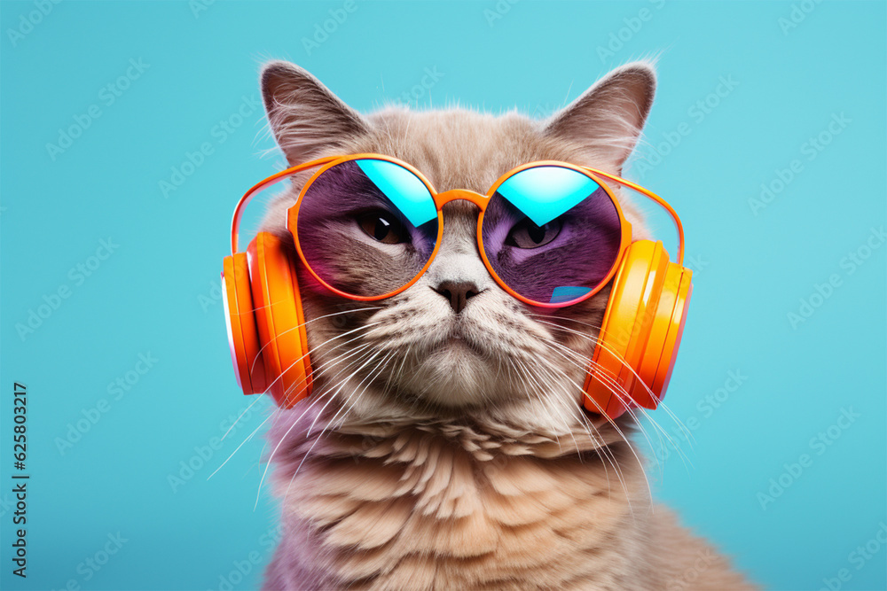 Portrait of a cool cat wearing sunglasses and headphones. Light blue background