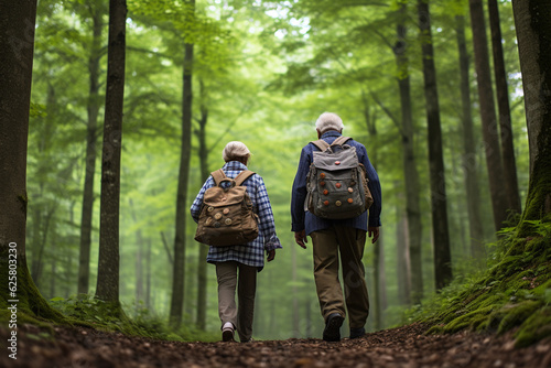 Senior couple with backpack walking and hiking in the woods.