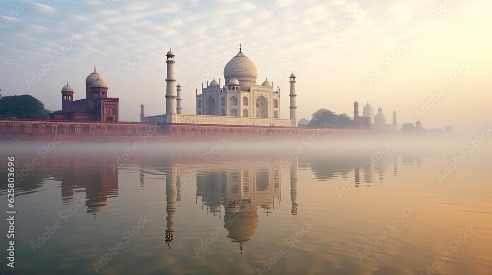 Obraz premium Taj Mahal, Indian. Morning fog. Sunrise. Generative Ai.