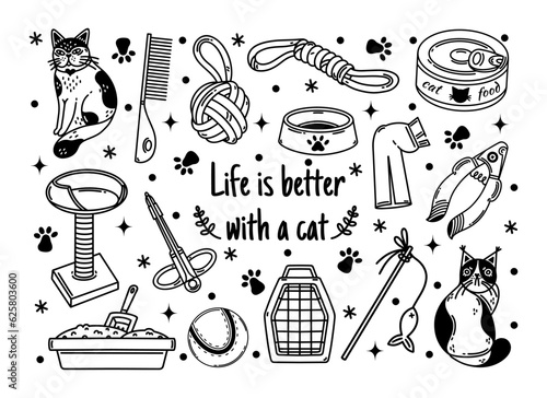 Life is better with a cat vector set. Pet accessories - food, bowl with paw, scratching post, toy, litter tray. Grooming and vet for a kitten. Simple doodle. Black and white clipart for print, posters