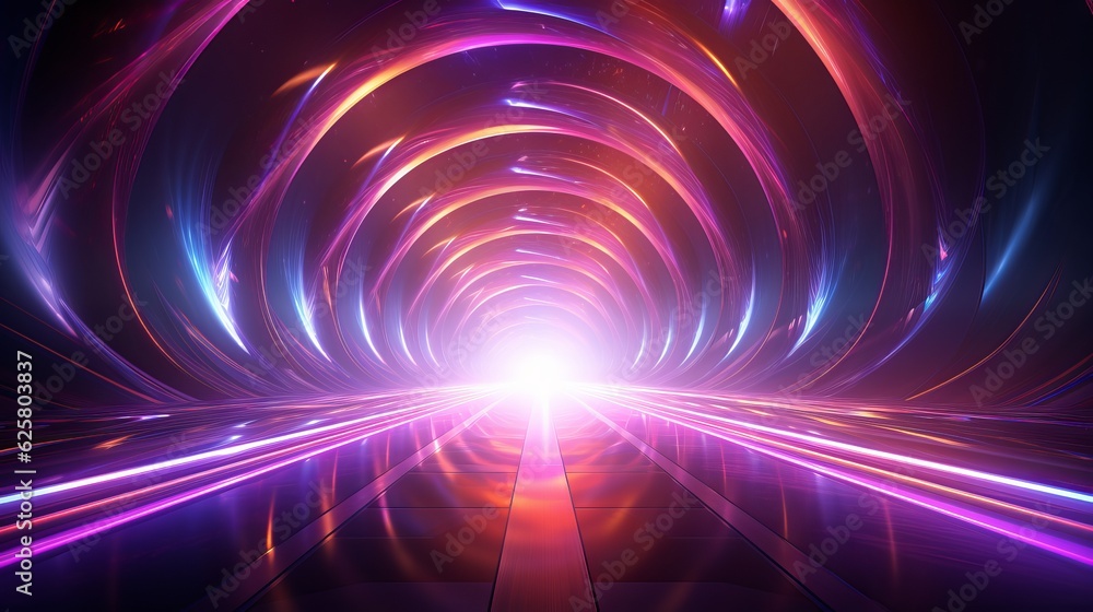 Glowing tunnel with purple and blue colors, with a shining light on the edge. Generative ai Glowing tunnel with purple and blue colors, with a shining light on the edge. Generative ai