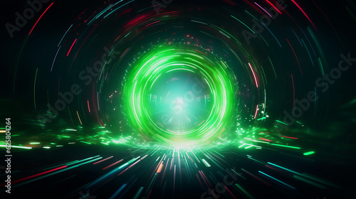 Green dimension gate, futuristic circular neon lights, hyper speed lapse. Generative ai