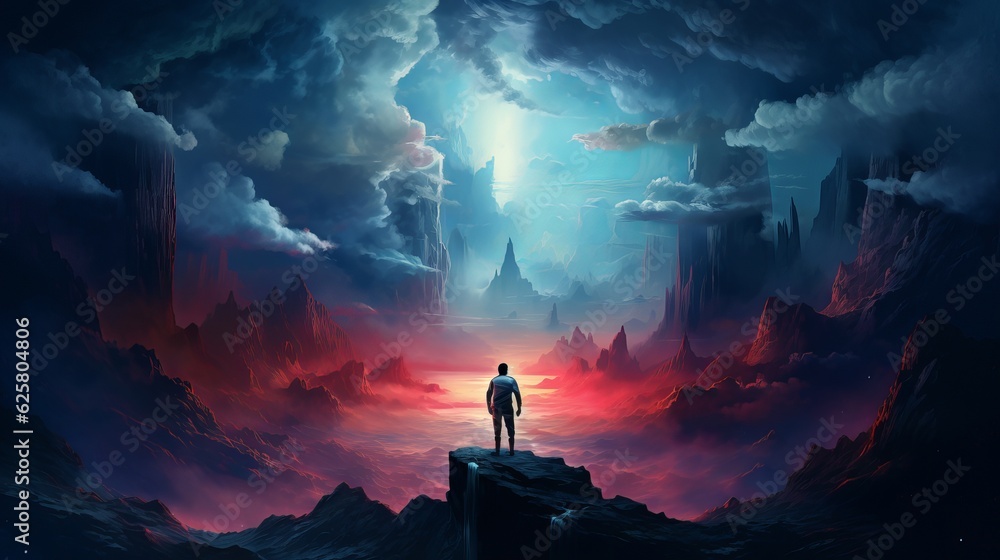 Fototapeta premium Silhouette of a person with a beautiful landscape, standing and watching an epic sky in the afternoon, wallpaper background. Generative ai