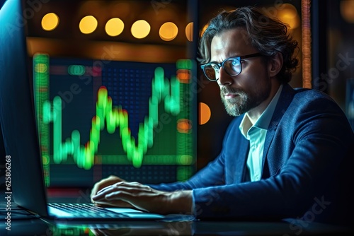 Analys or businessperson in eyeglasses and formal wear working with laptop while sitting in his office in front of computer screens with trading charts. Trading online. Generative Ai.