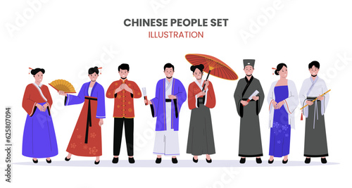 Chinese man and woman in traditional clothes vector illustrations. Group chinese male and female cartoon characters. Flat vector illustration isolated on white background