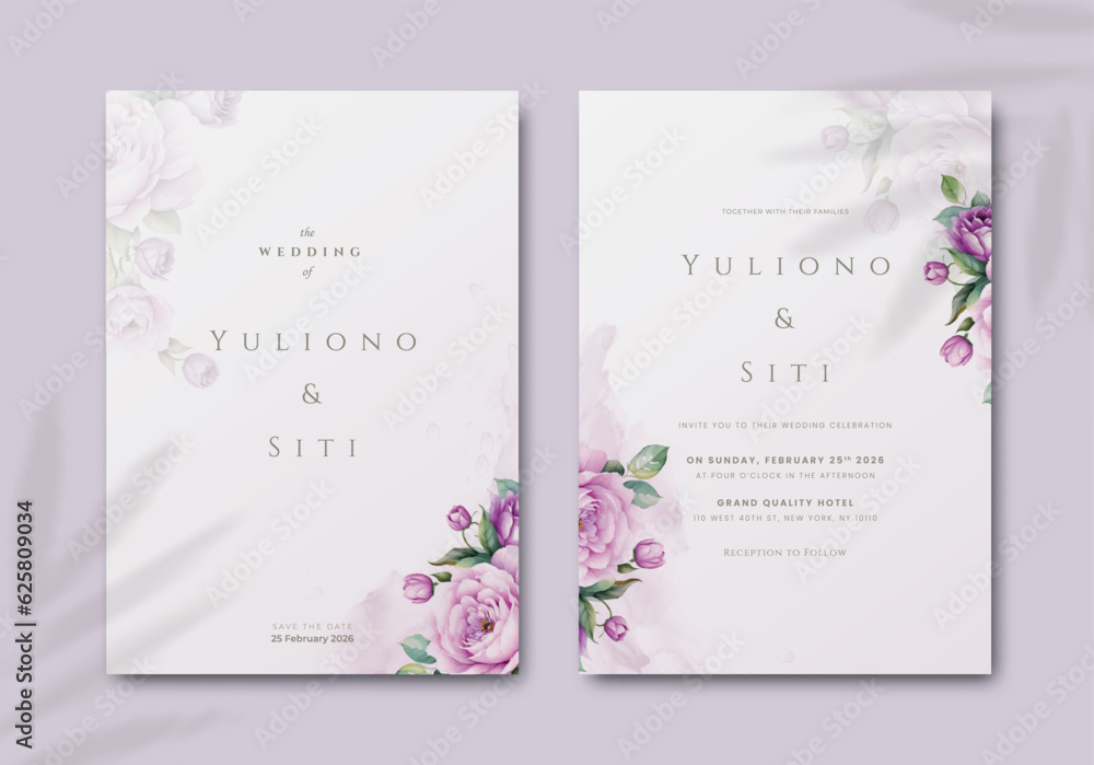 wedding invitation template with flower watercolor premium vector	