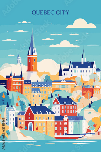 Canada Quebec City abstract panorama landmarks view vector poster. Travel guide for Canadian province flat brochure in retro style