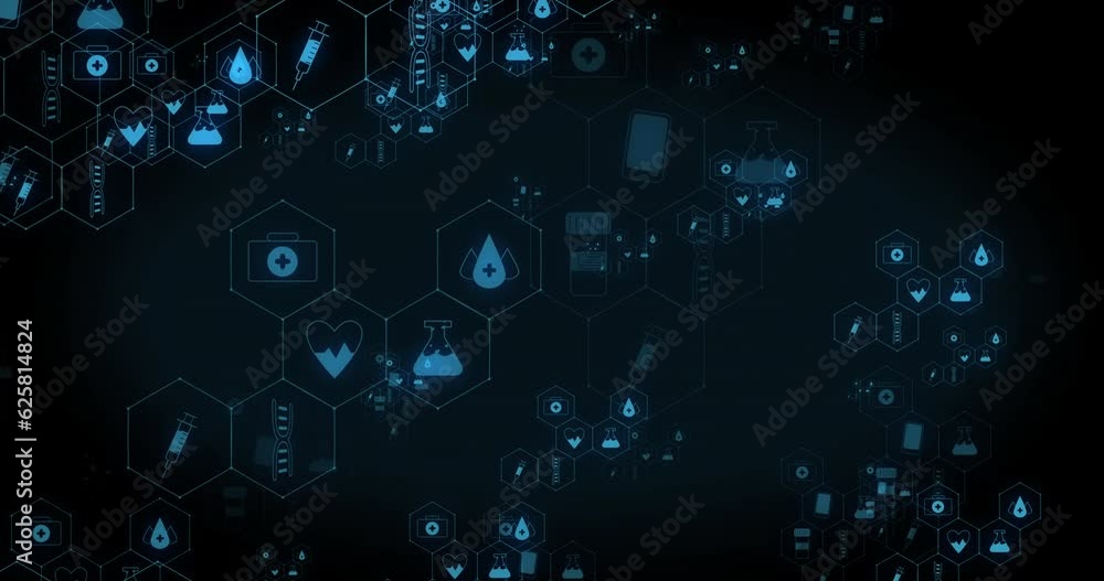 Animation of networks of blue medical icons moving on black background